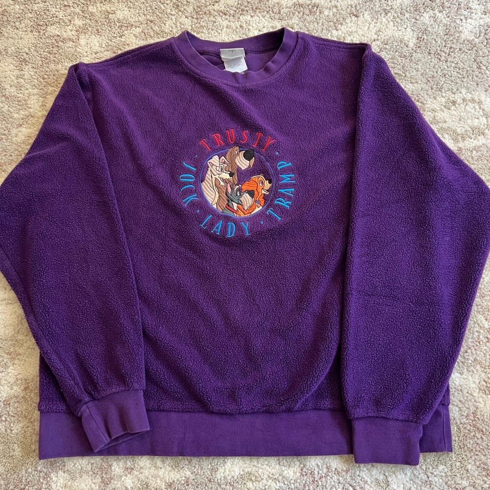 Vintage The Disney Store Lady and the Tramp Purple Fleece Embroidered Sweatshirt